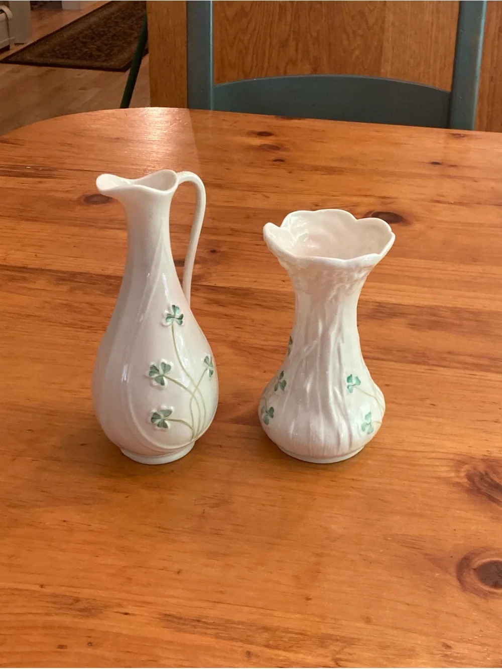 Belleek White Porcelain Vases with Green Clover Motif